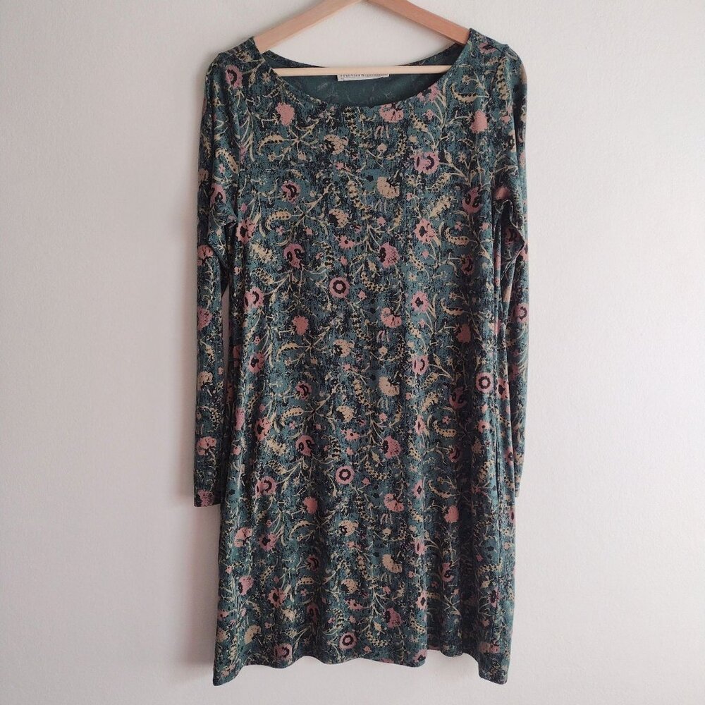 Peruvian Connection Orla Swing Dress S Green w Floral Stretch Knit Comfy Mini